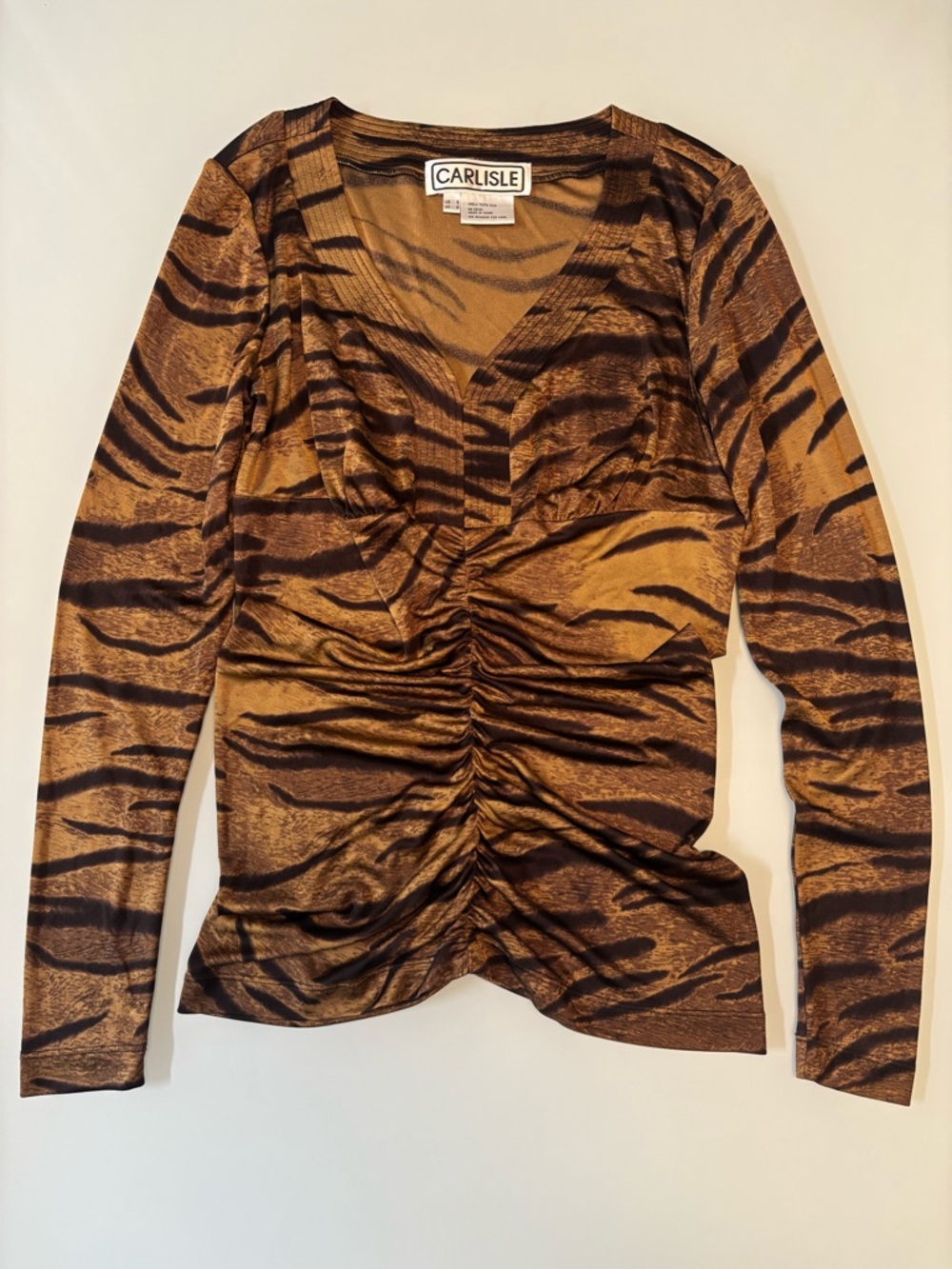 CARLISLE Tiger-Print Ruched Long Sleeve Silk Top